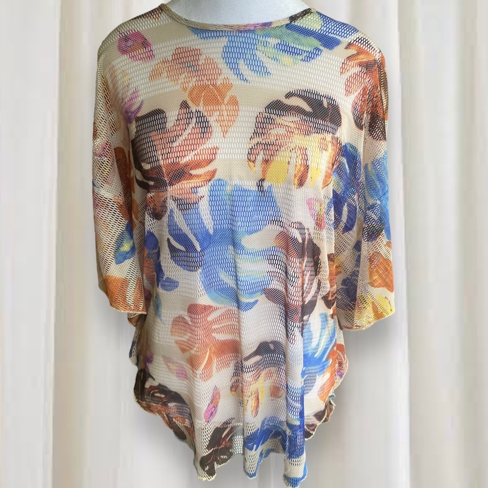 Dor Dor Swimsuit Cover Up Sheer Tropical Flora and Stripes Size Large